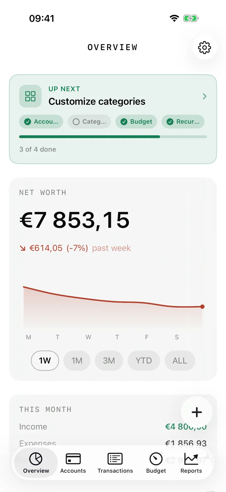 Gilt overview screen: net worth and monthly cash flow